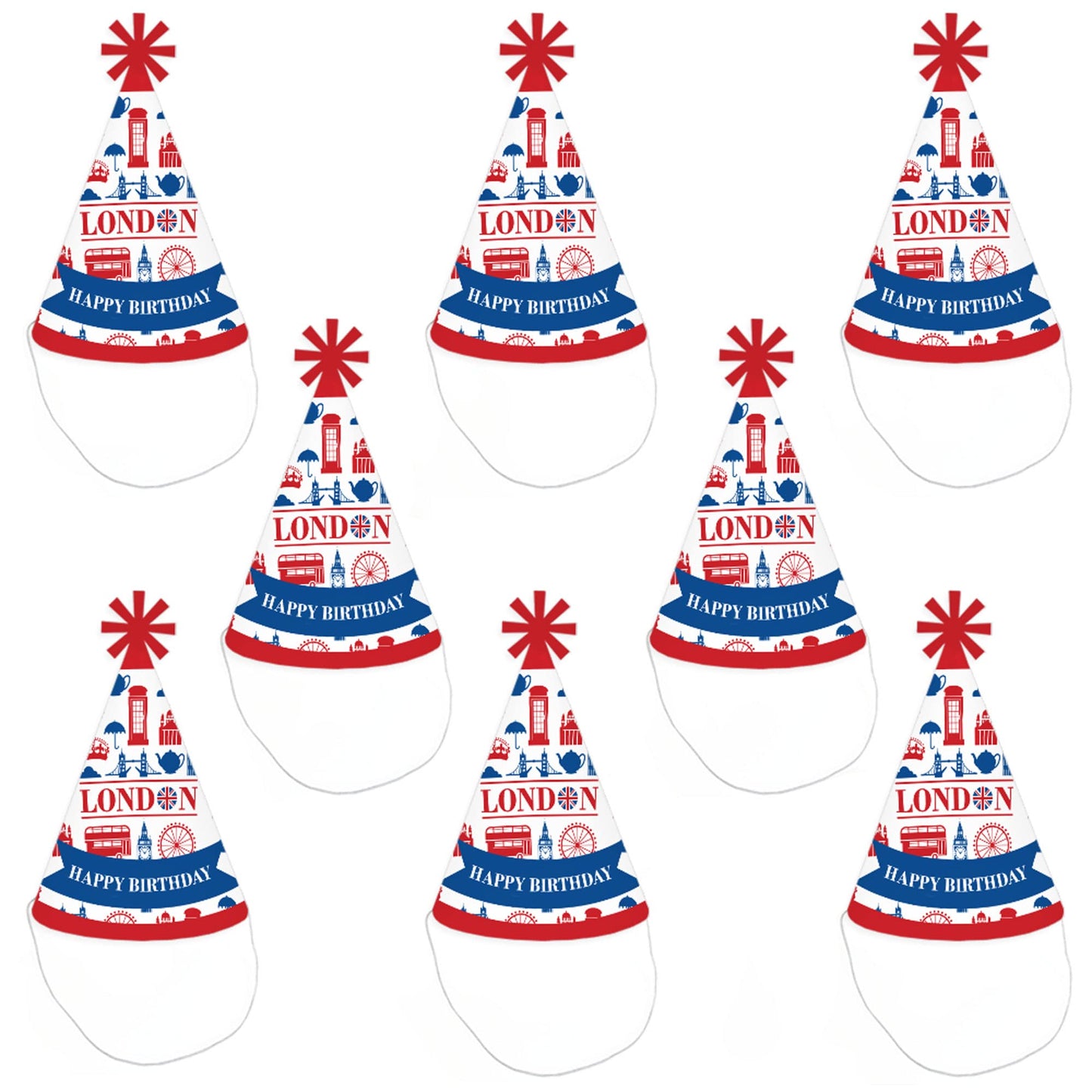 Big Dot of Happiness Cheerio, London - Cone Happy Birthday Party Hats for Kids and Adults - Set of 8 (Standard Size)