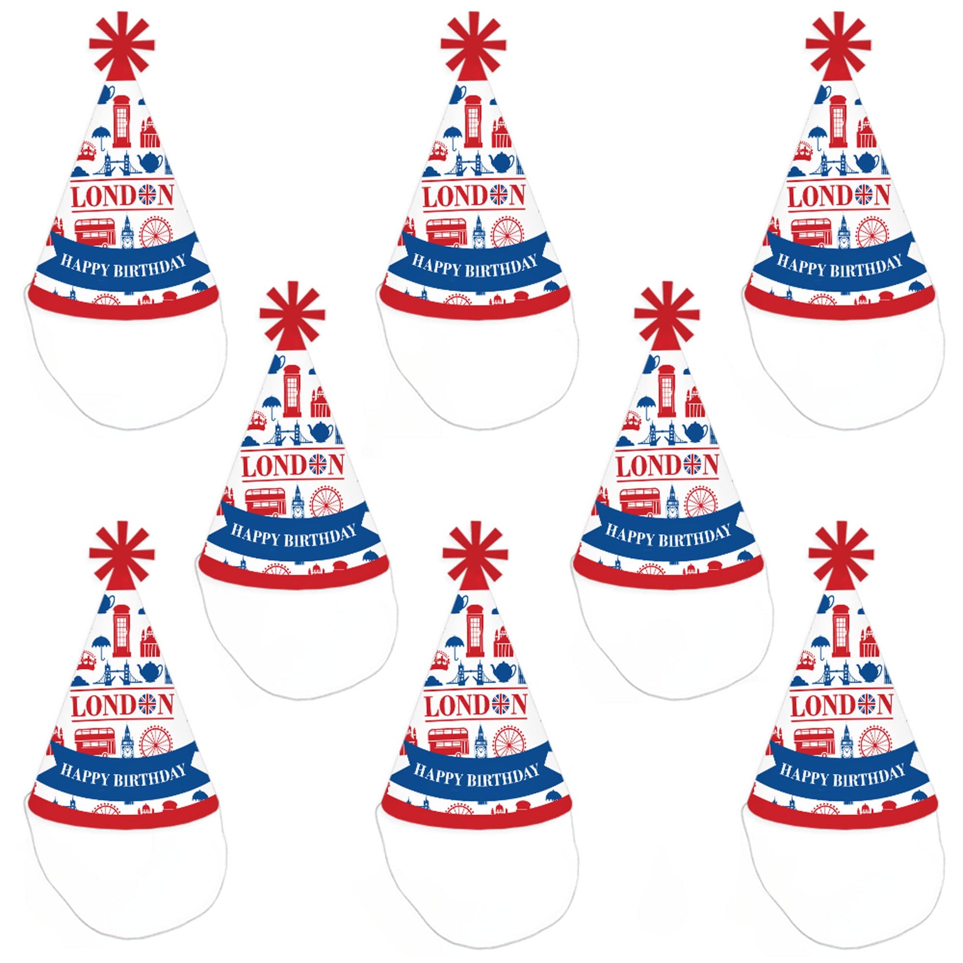 Big Dot of Happiness Cheerio, London - Cone Happy Birthday Party Hats for Kids and Adults - Set of 8 (Standard Size)