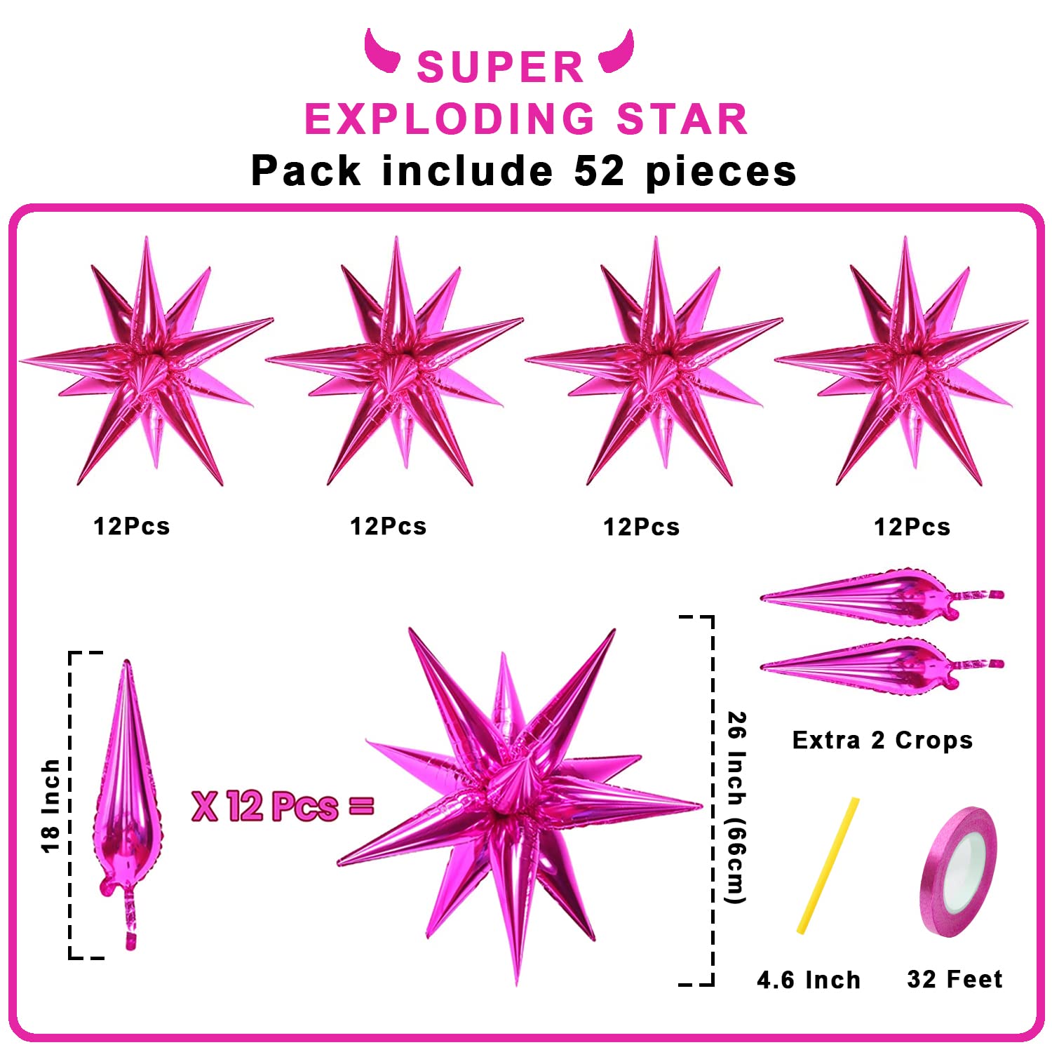 FUNTOOB Hot Pink Balloons Star Balloons Metallic Star Foil Balloons Hot Pink Star Cone Balloons Starburst Balloon Spike Balloons for Birthday
