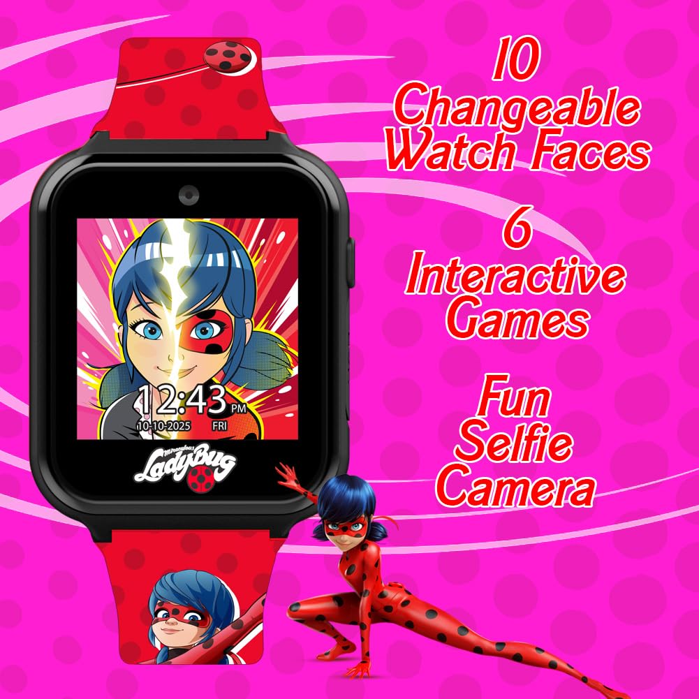 Miraculous Kids Interactive Smartwatch - Touchscreen Watch 10 Changeable Faces, Step Counter, Games, Selfie Cam, Alarm & Timer, Durable Silicone