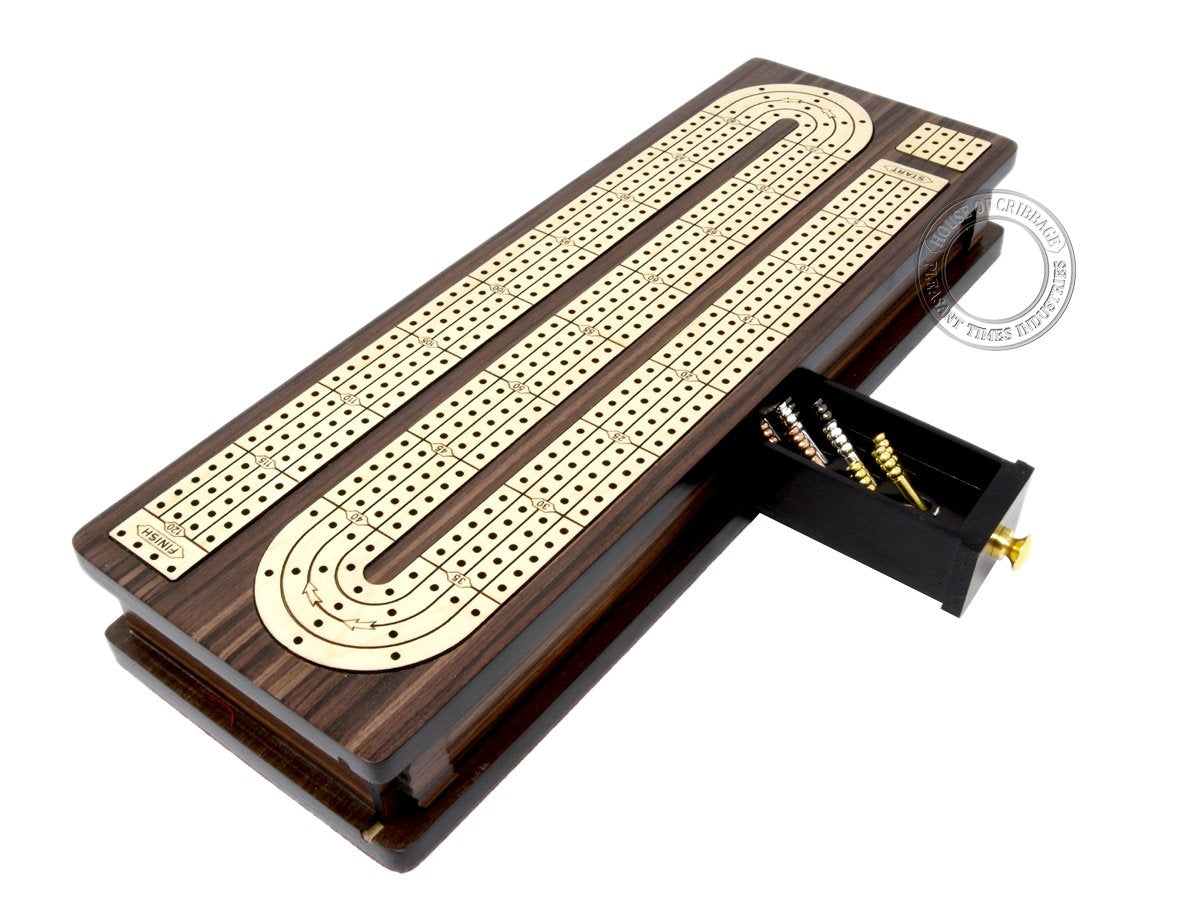 House of Cribbage - Continuous Cribbage Board Inlaid 4 Tracks Rosewood/Maple with Sliding Lids and Drawer