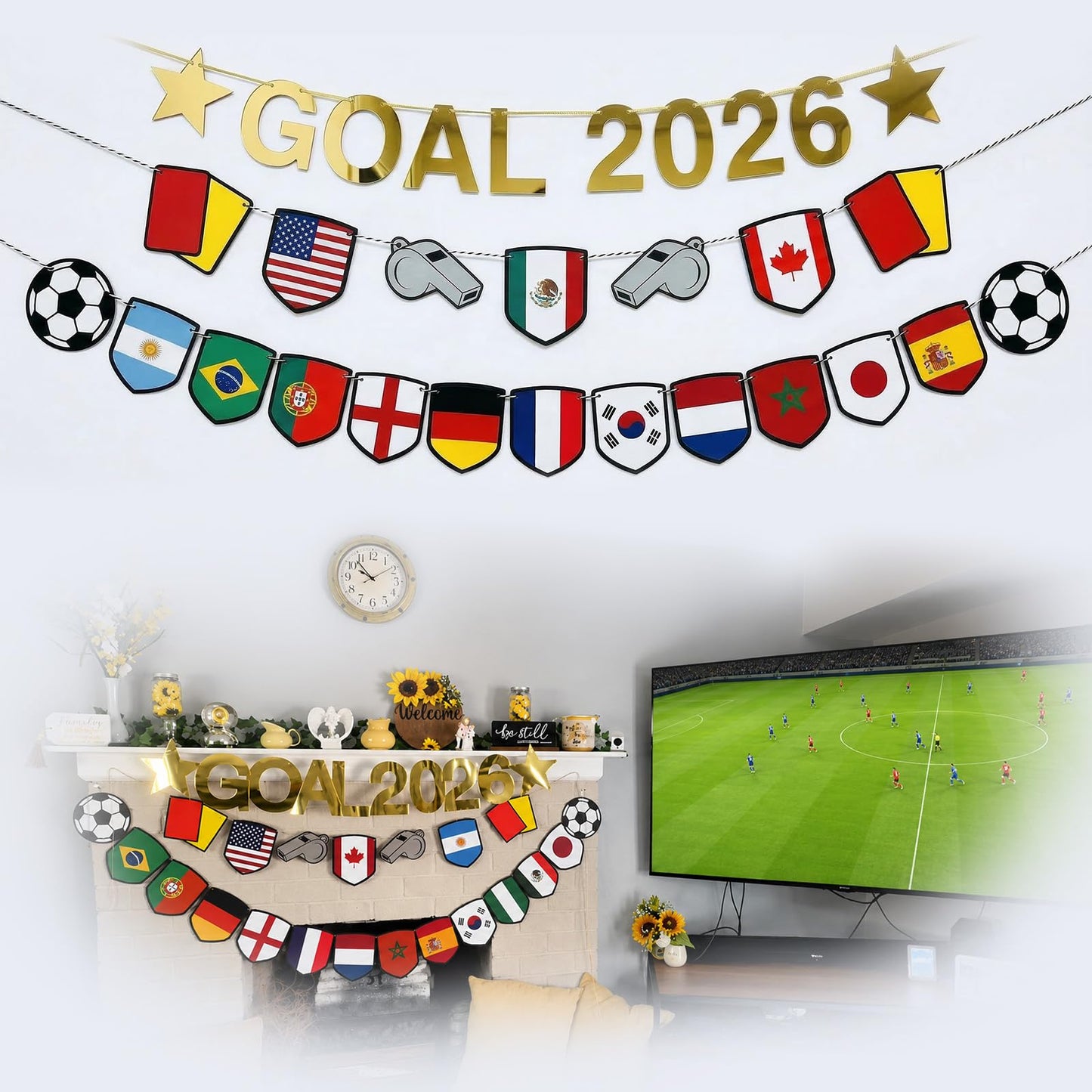 2026 Soccer Watch Party Decorations, GOAL 2026 Banner Set with 15 Country Flags, Soccer Game Day TV Wall Decor for Living Room, Office, Home Party