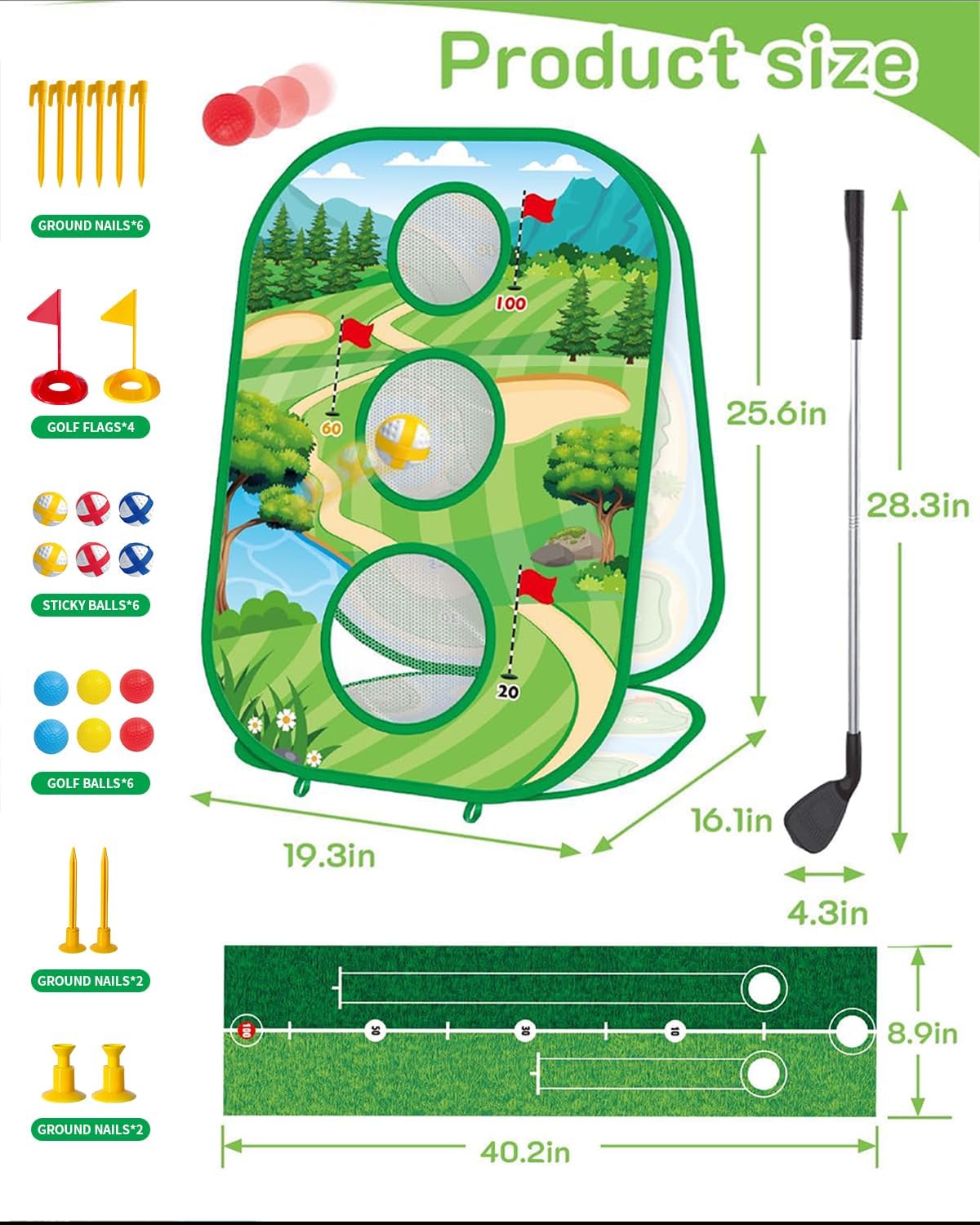 haoetcw 4-in-1 Kids Sticky Golf Games Set with Club, Golf Putting Practice Mat,3-Sided Golf Chipping Net, Multiple Game Modes, Golf Cornhole Board Set