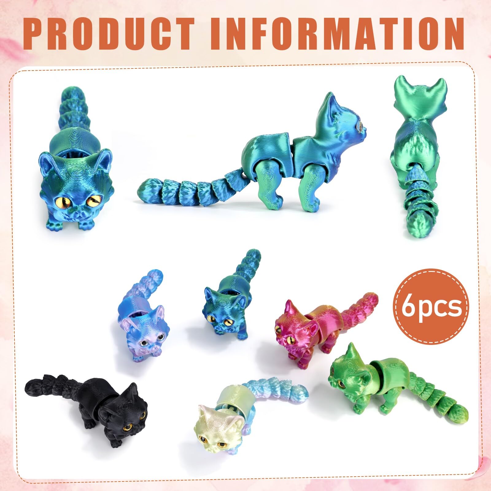 Hsodnr 3D Printed Animals, 3D Printed Cat Figures, Decorative 3D Printed Stuff for Home and Office, Perfect Desk Pets for All Age (6pcs)