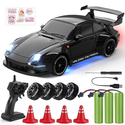 RC Drift Car, 1:24 Remote Control Car with LED Lights, 3 Batteries Black