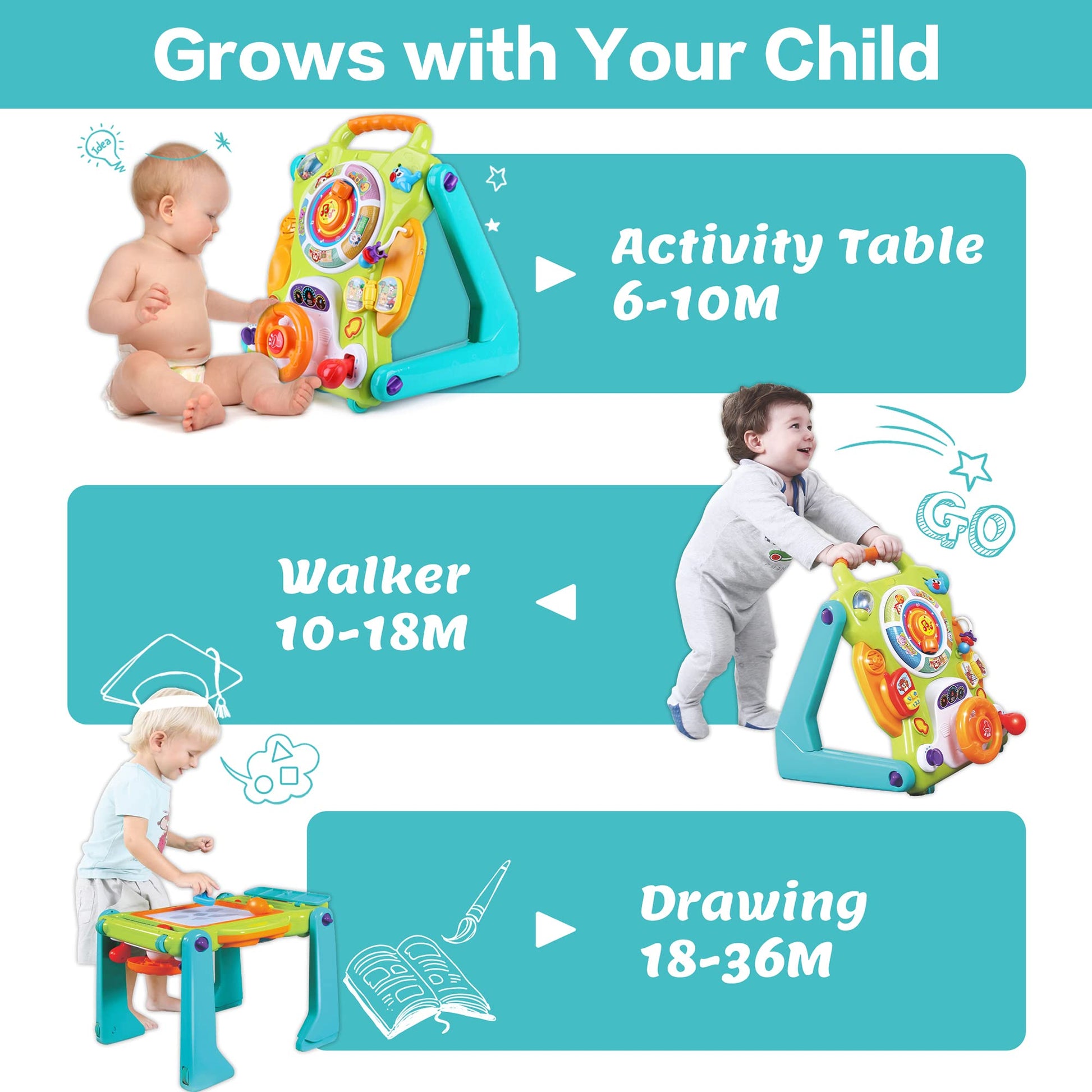 iPlay, iLearn 3 in 1 Baby Walker Sit to Stand Toys, Kids Activity Center, Toddlers Musical Fun Table, Lights and Sounds, Learning, Birthday Gift