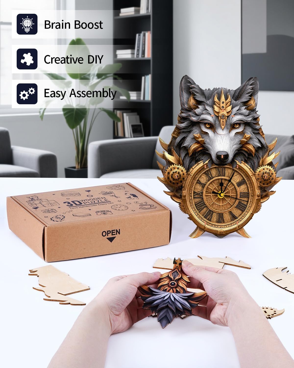 3D Wooden Puzzles for Adults Gray Wolf Design Clock Model Kit with Pendulum