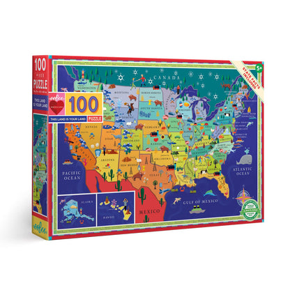 eeBoo This Land is Your Land 100 Piece Children's Puzzle, 27" x 18" USA Map