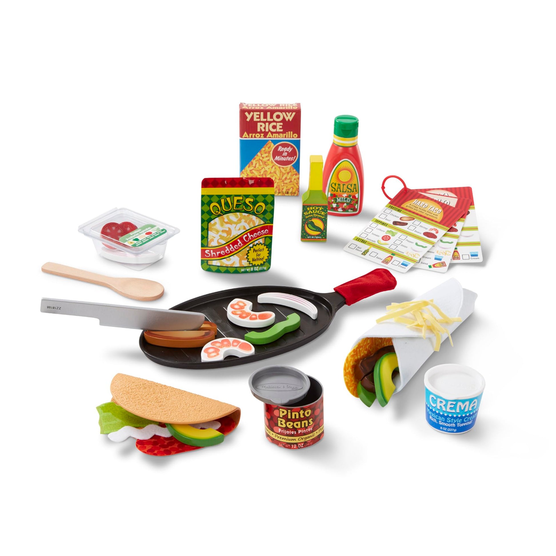 Melissa & Doug Fill & Fold Taco & Tortilla Set, 43 Pieces - Sliceable Wooden Mexican Play Food, Skillet, and More - FSC Certified