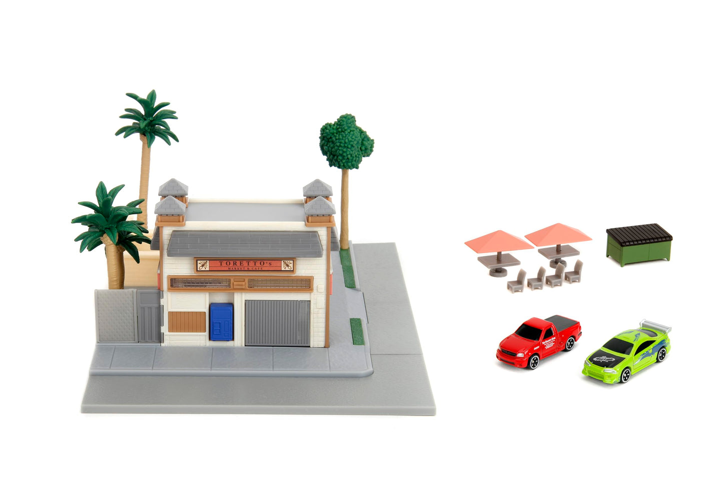 Fast & Furious Toretto's Market & Cafe Nanoscene & 2 1.65" Die-cast Cars, Toys for Kids and Adults