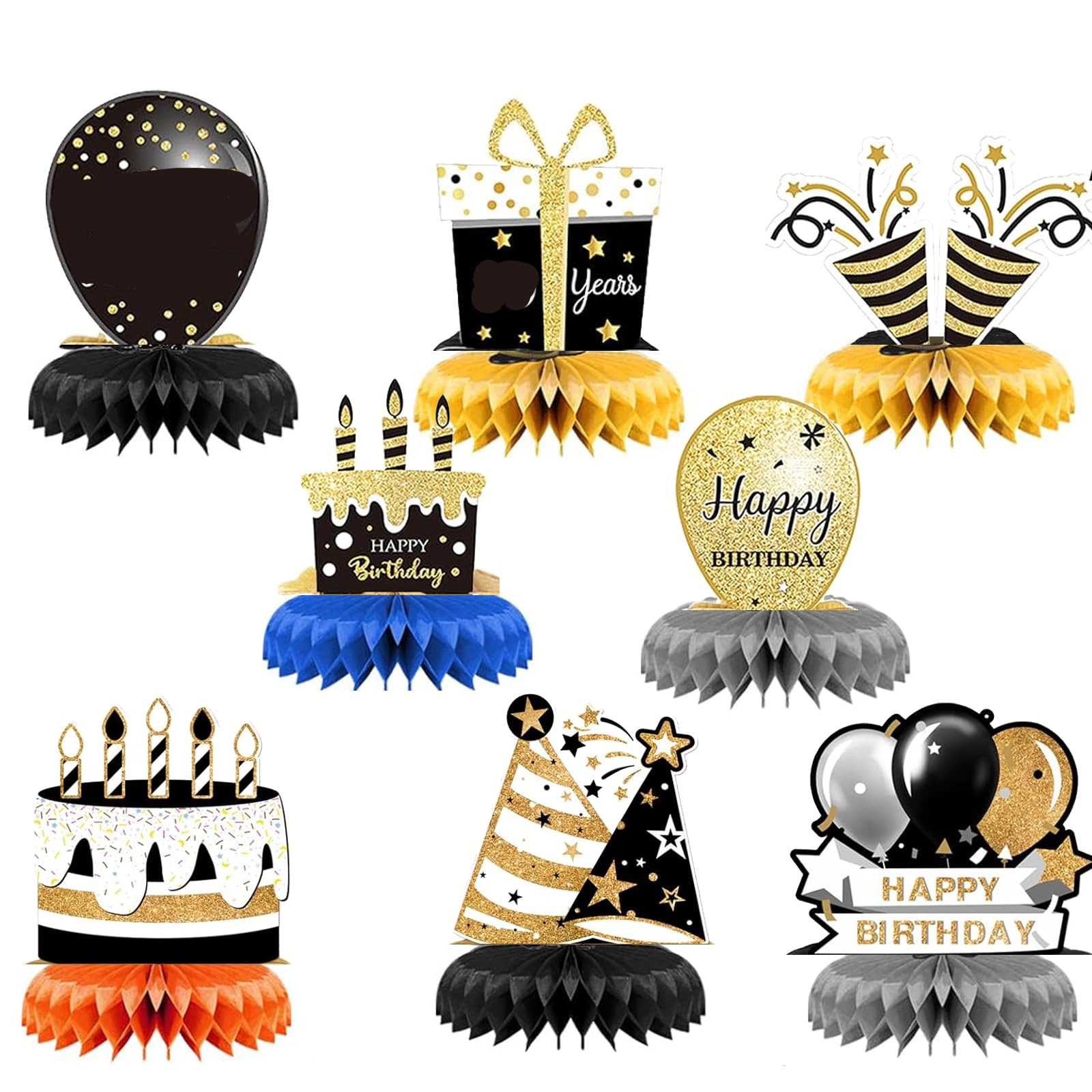 8 Pcs Birthday Party Decoration, Black Gold Theme Honeycomb Centerpieces 3D Double Sided Table Decorations, Photo Booth Props for Kids Birthday Party