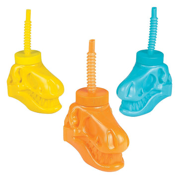 Fun Express 8 pieces Dinosaur Shaped Cups with Straws, Holds 4 oz, BPA Free Plastic, Dino Dig Party Supplies, Multi-Color