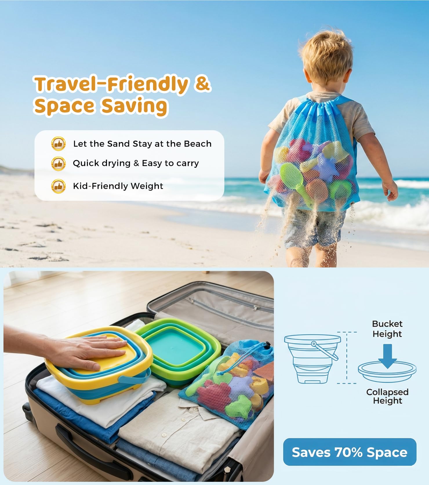 Eicaus 46 PCS Beach Sand Toys for Kids Toddlers, Collapsible Sand Buckets & Mesh Bag Set with Heavy Duty Metal Sifters, Treasure Hunt Gems, Castle