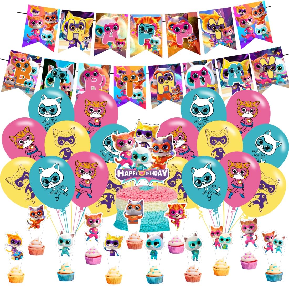 Super Cats Birthday Decorations, Super Cats Party Supplies Include Happy Birthday Banner, Cake Topper and Cupcake Toppers, Balloons for Kids Party