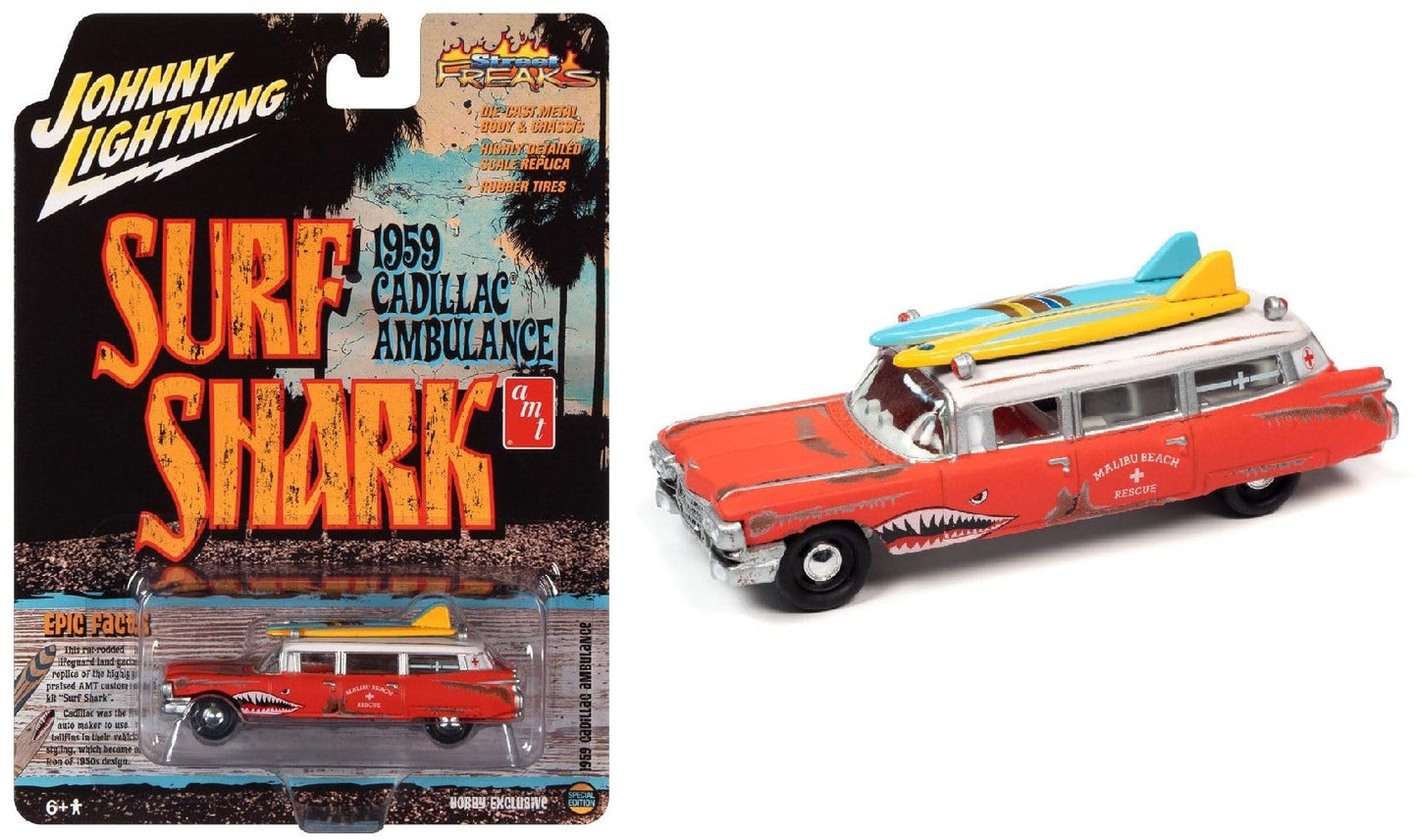 Johnny Lightning 1959 Cadillac Ambulance Red with White Top Malibu Beach Rescue (Weathered) with Surfboards on Roof Surf Shark Street Freaks Series