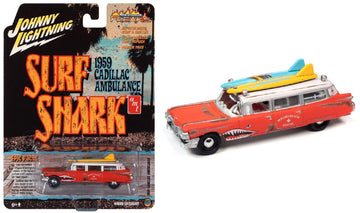 Johnny Lightning 1959 Cadillac Ambulance Red with White Top Malibu Beach Rescue (Weathered) with Surfboards on Roof Surf Shark Street Freaks Series