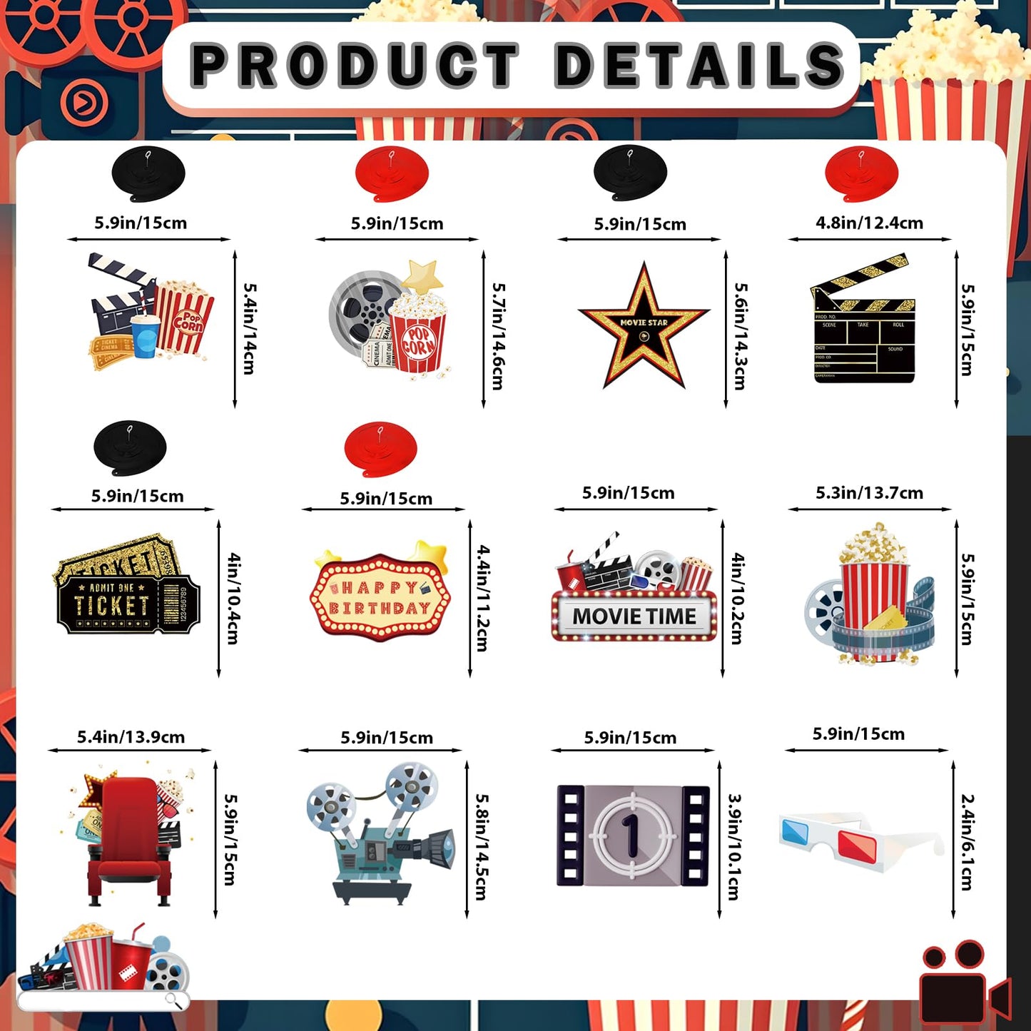 Movie Night Decorations, Movie Night Supplies, Happy Birthday Banner Hanging Swirls Movie Theme Party Decorations for Birthday Party Film Backdrop