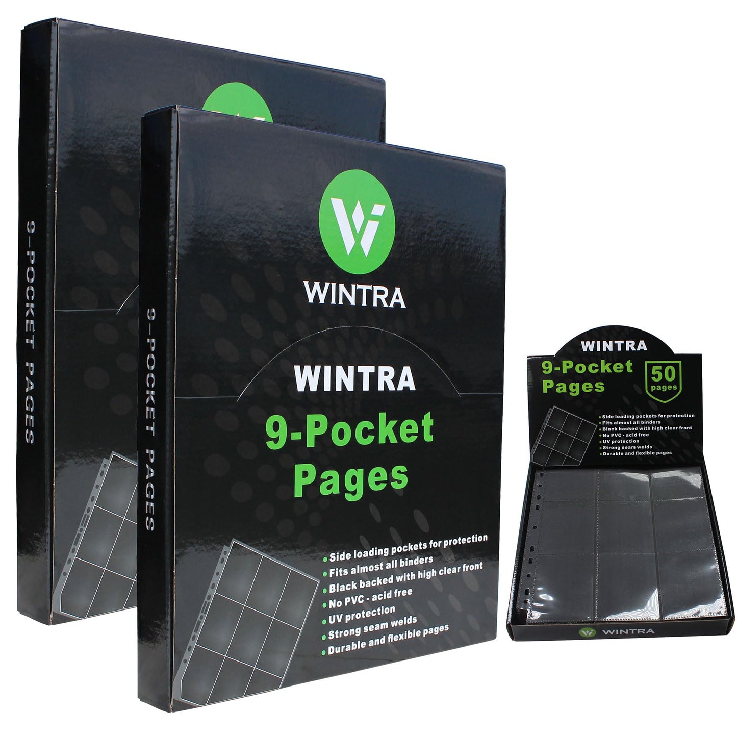 WINTRA 1800 Pockets Trading Card Pages, 9-Pocket Side-Loading Card Sleeves Protectors, Sports Card Collector Album Sheets for Ring Binder(100