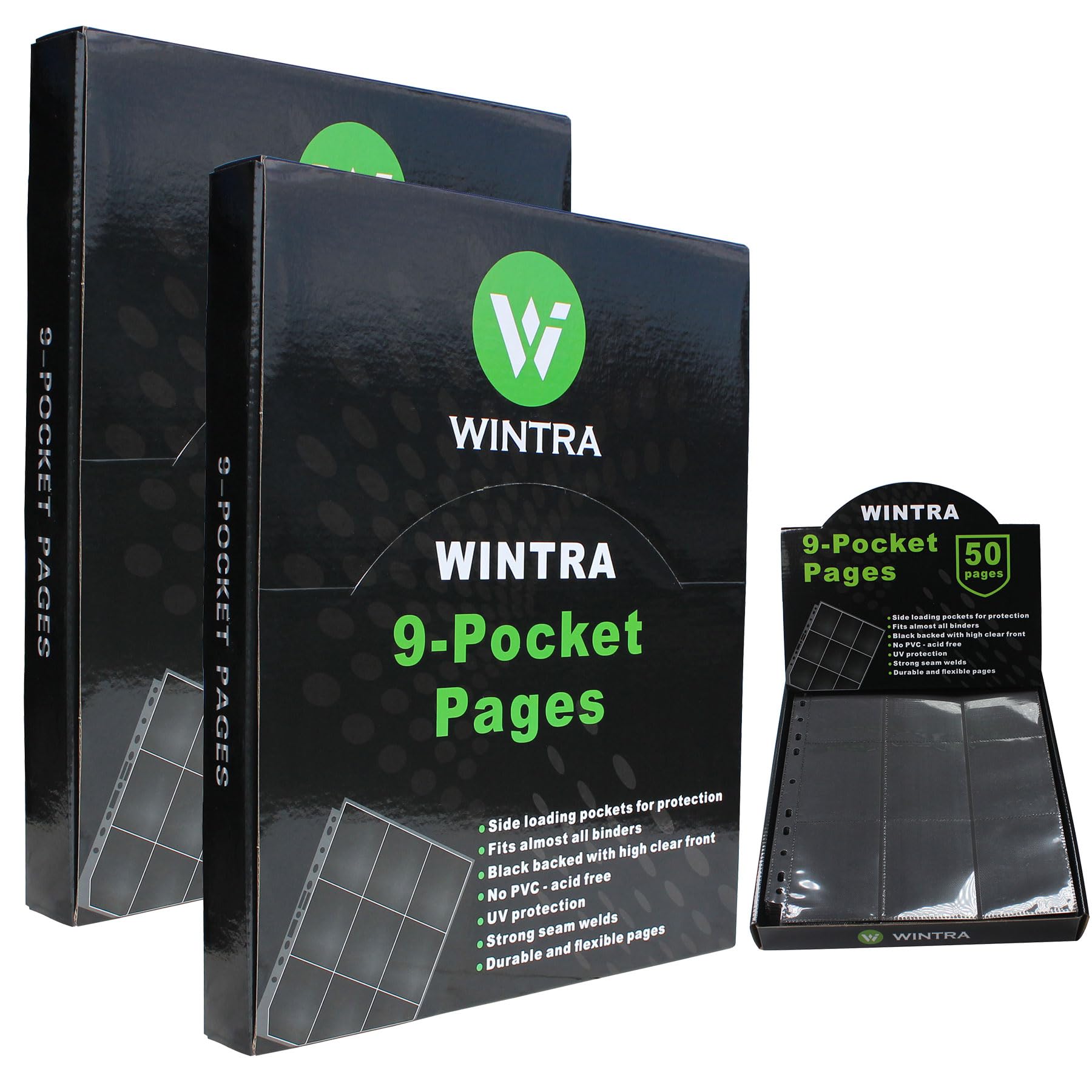 WINTRA 1800 Pockets Trading Card Pages, 9-Pocket Side-Loading Card Sleeves Protectors, Sports Card Collector Album Sheets for Ring Binder(100