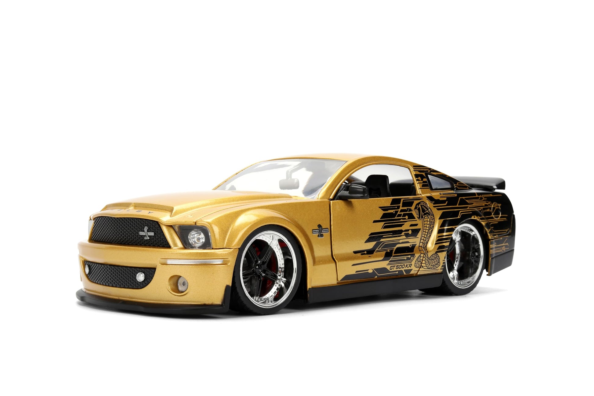 Jada Toys Bigtime Muscle 1:24 2008 Ford Shelby GT-500KR Die-cast Car - Opening Doors, Hood, Trunk, Rubber Tires(Gold Black)