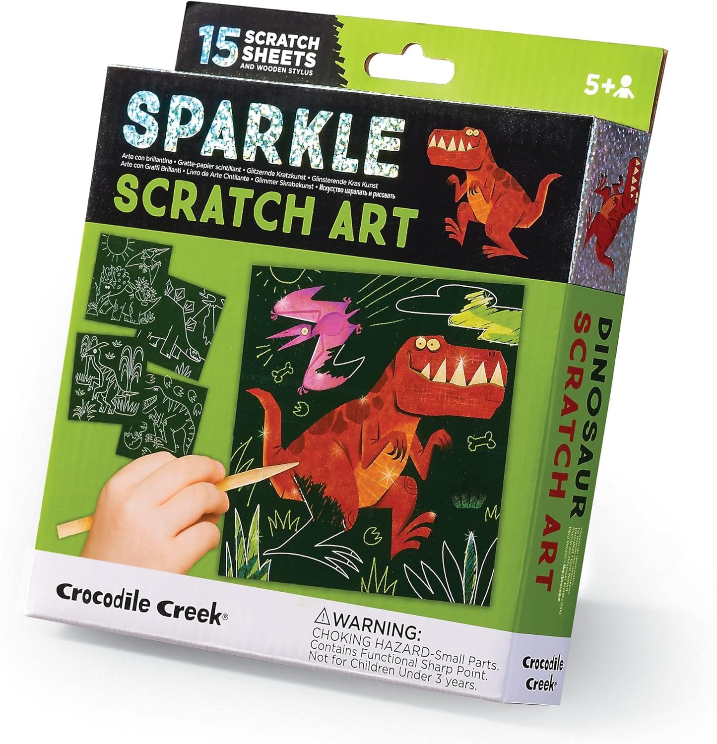 Crocodile Creek Dinosaurs Sparkle Scratch Art for Kids - 16-Sheet Scratch Art Set with 10 Themed Sheets, 5 Blank Sheets, Stencil, and Stylus