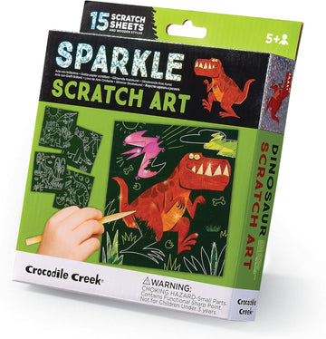 Crocodile Creek Dinosaurs Sparkle Scratch Art for Kids - 16-Sheet Scratch Art Set with 10 Themed Sheets, 5 Blank Sheets, Stencil, and Stylus