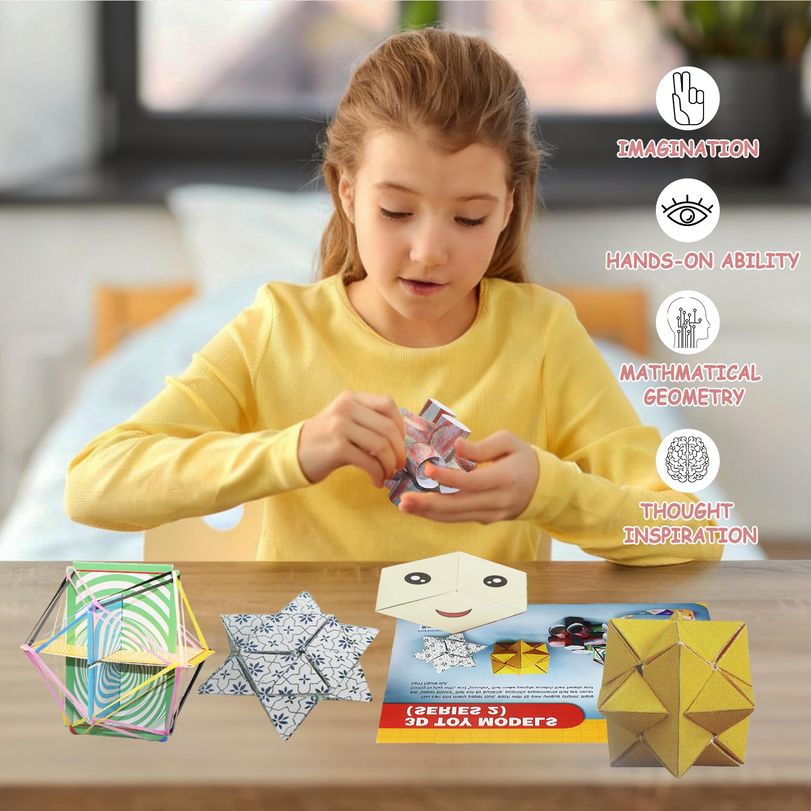 Foraineleyo 3D Paper Folding STEM Kit - Hands-On Math & Geometry Toy Set with 5 Origami Models, Step-by-Step Tutorials & Video Guides for Kids Ages