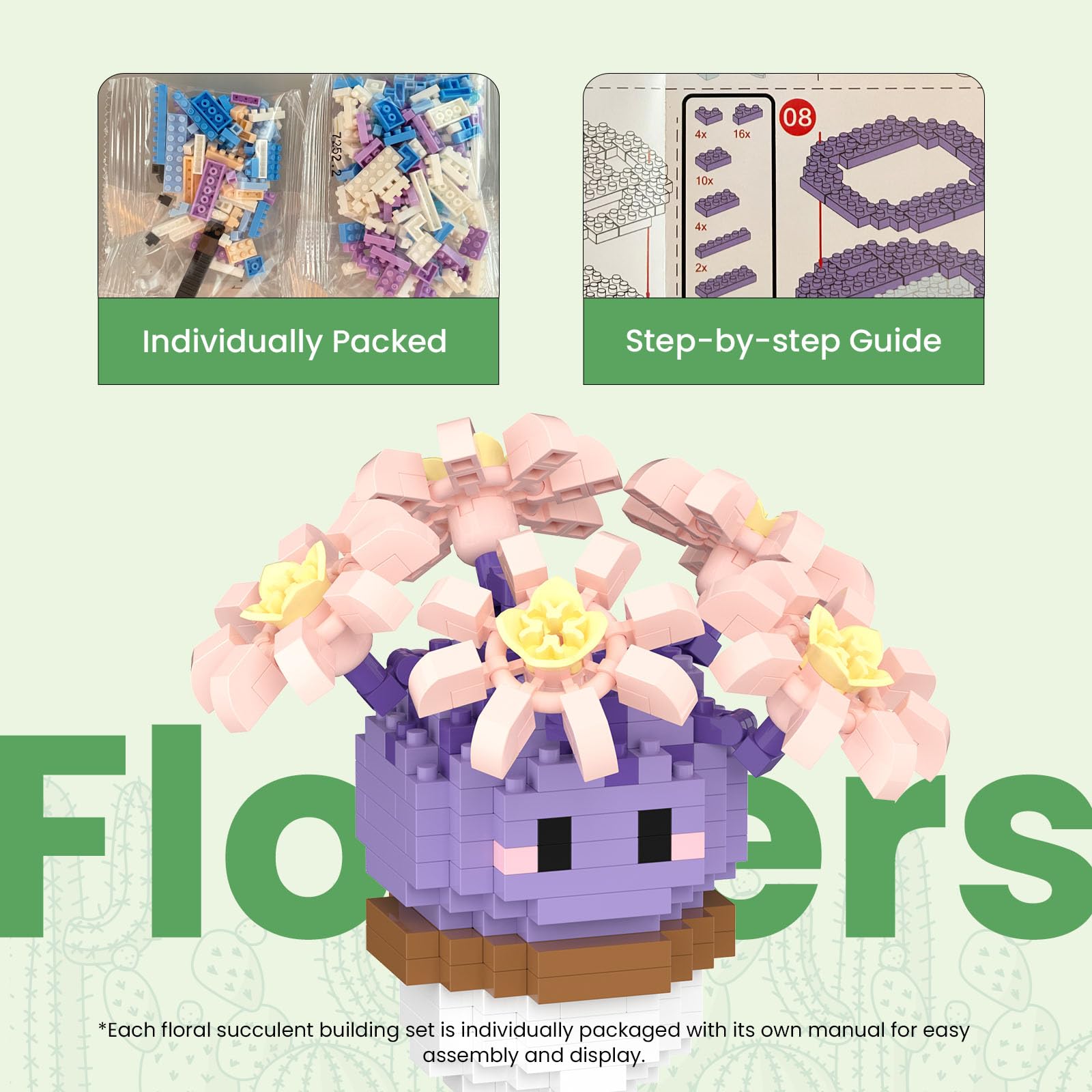 HIGH GODO Flowers & Cactus Party Favors Building Sets, 6 Pack Succulents Tiny Plants Bonsai Décor Model Kits, Goodie Bag Stuffers, Prize Box Toys