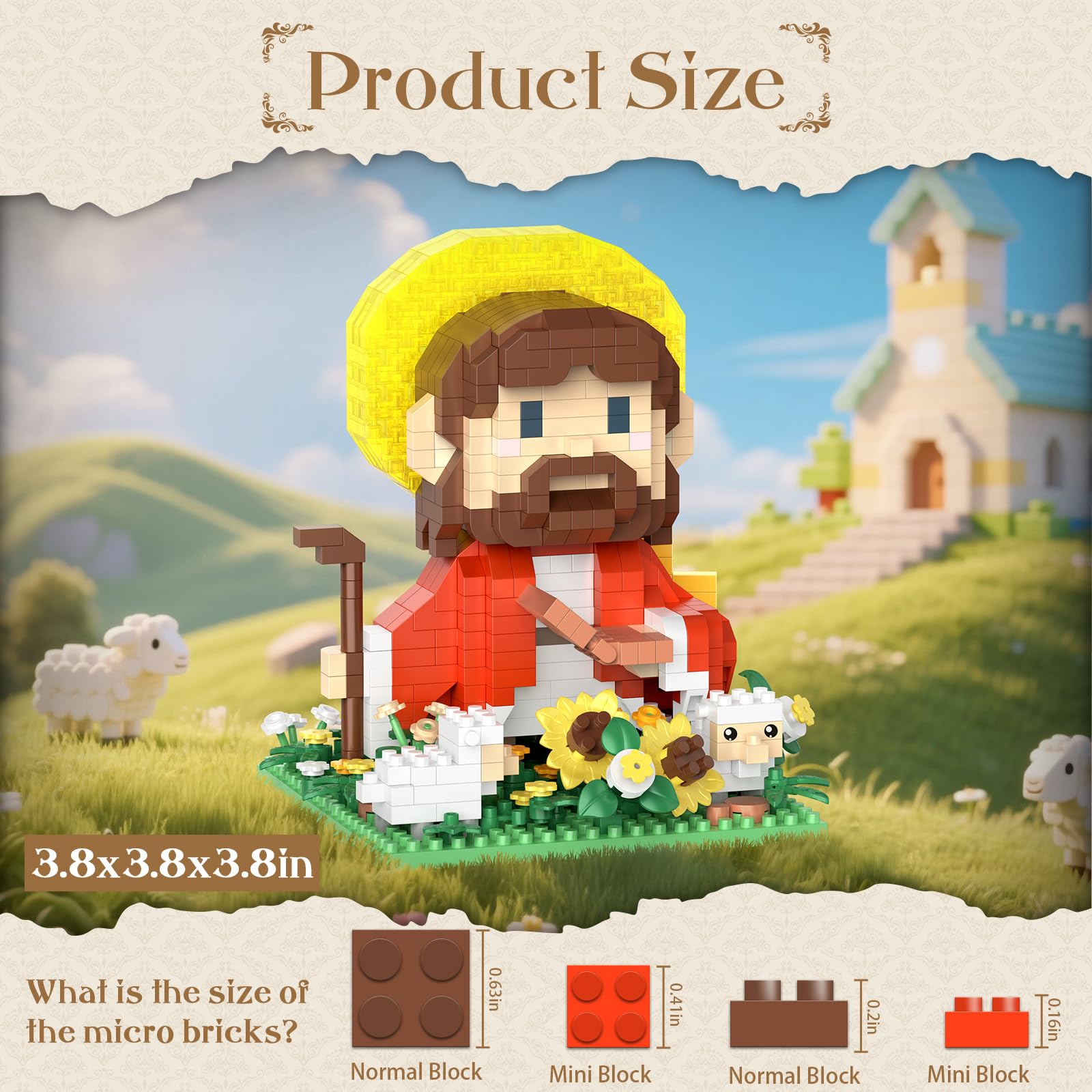 Vziimo Jesus and Flowers Building Set, Little Jesus Figurines with Sunflower, Sheep & LED Halo, Christian Toys Gifts for Adults, Teens Age 14+ (689