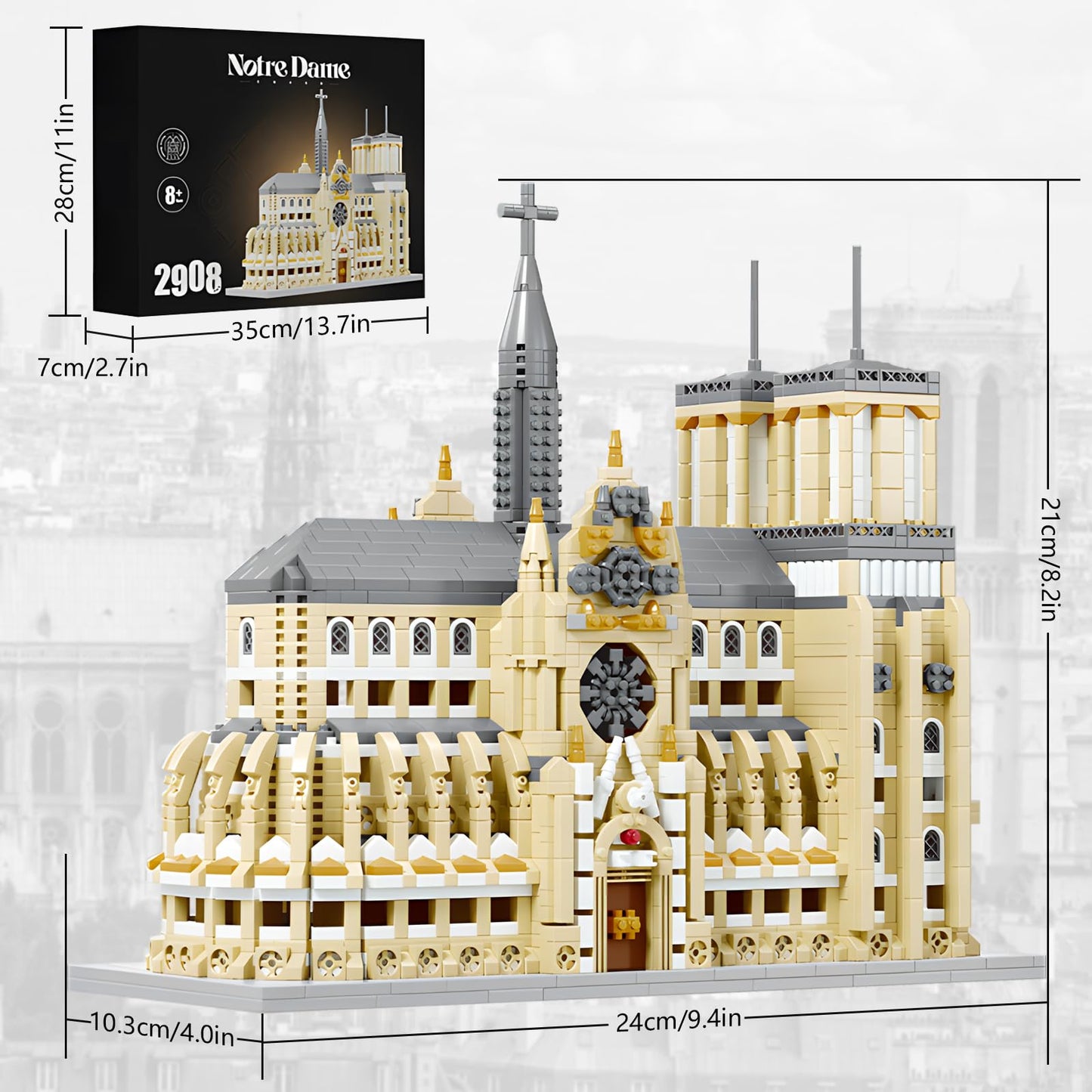 YCJZXMS Notre Dame Cathedral Miniature Block Set (2908 Pieces) - Landmark Model Puzzle Toy, Suitable for Children and Adults as a Gift