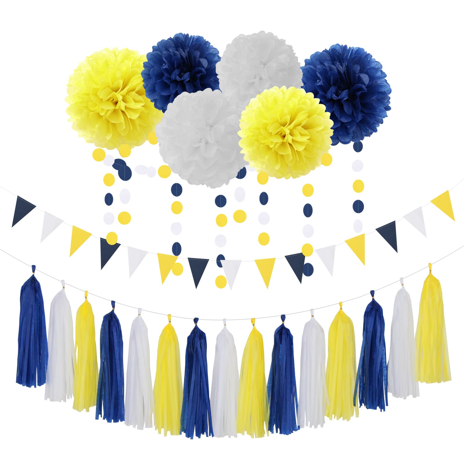 Navy-Blue White-Yellow Graduation Party Decorations - 23pcs Tissue Pom Poms Streamers,Birthday Tassel Garland Banner,Wedding Engagement Baby Bridal