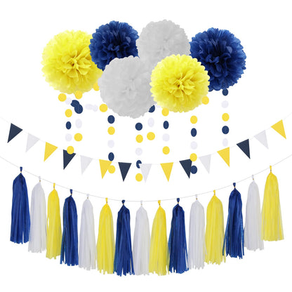 Navy-Blue White-Yellow Graduation Party Decorations - 23pcs Tissue Pom Poms Streamers,Birthday Tassel Garland Banner,Wedding Engagement Baby Bridal