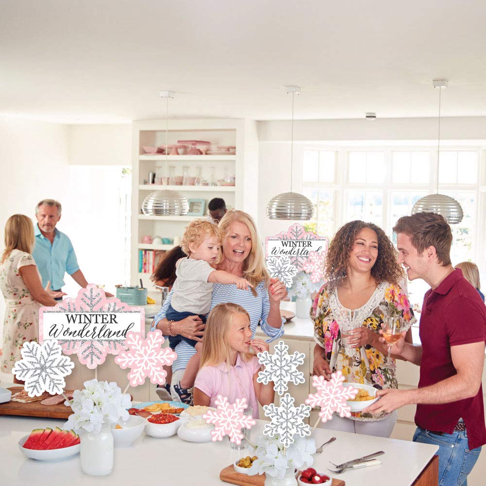 Big Dot of Happiness Pink Winter Wonderland - Holiday Snowflake Birthday Party and Baby Shower Centerpiece Sticks - Showstopper Table Toppers - 35