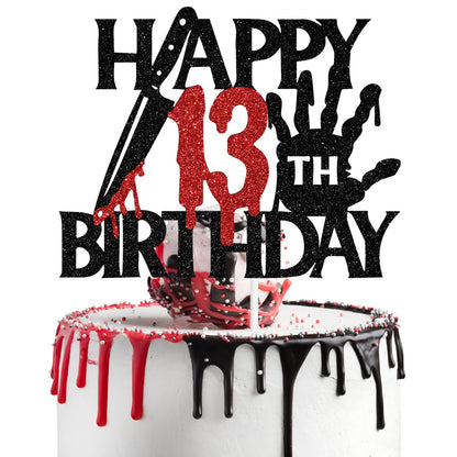 Black Glitter Killer Happy 13th Birthday Cake Topper, Halloween Zombie Vampire Bloody Friday Birthday Décor, Halloween Horror Themed 13th Birthday