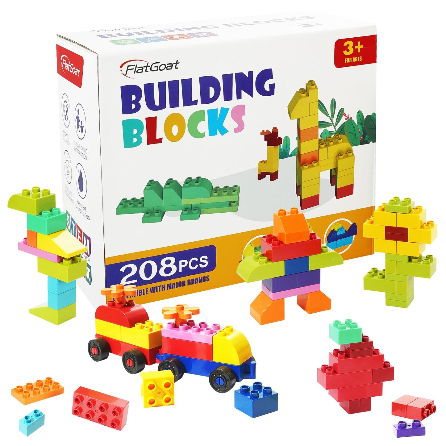FlatGoat 208 Piece Large Building Blocks Set - Classic Big Bricks Compatible with All Major Brands, STEM Educational Toys for Kids Ages 3+, Creative