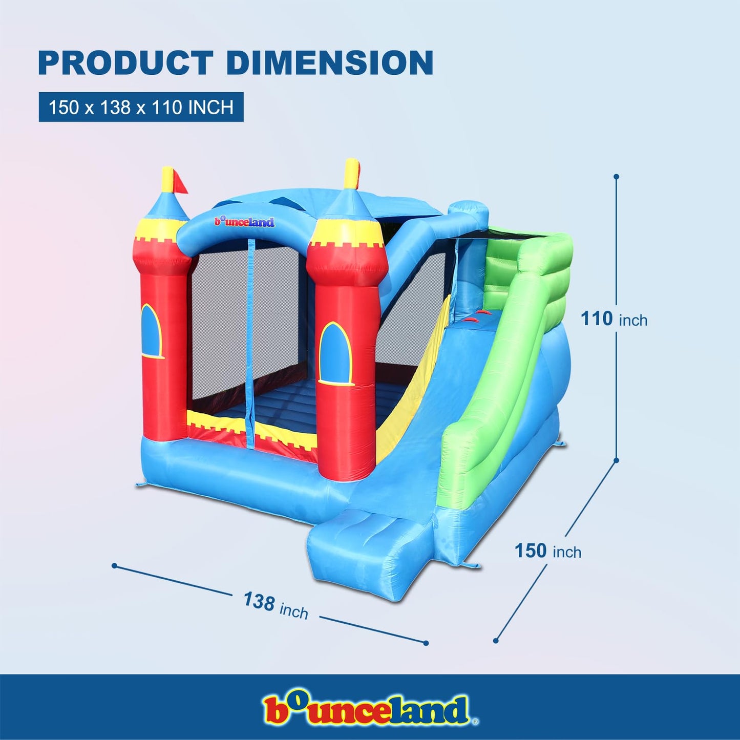 Bounceland Royal Palace Inflatable Bounce House, with Long Slide, Large Bouncing Area, Basketball Hoop and Sun Roof, 13 ft x 12 ft x 9 ft H, UL Strong