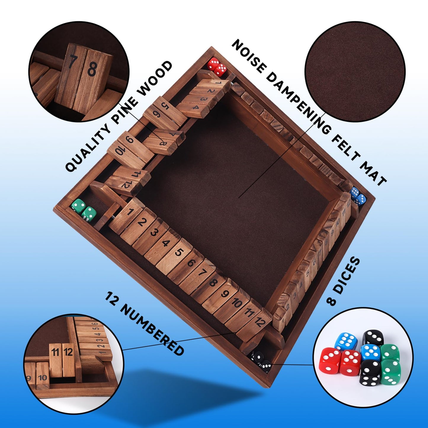 GSE Games & Sports Expert 1-4 Player Wooden Shut The Box Board Game with 8 Dice. 4-Way 12 Numbers Shut The Box Dice Set of Popular English Pub Board