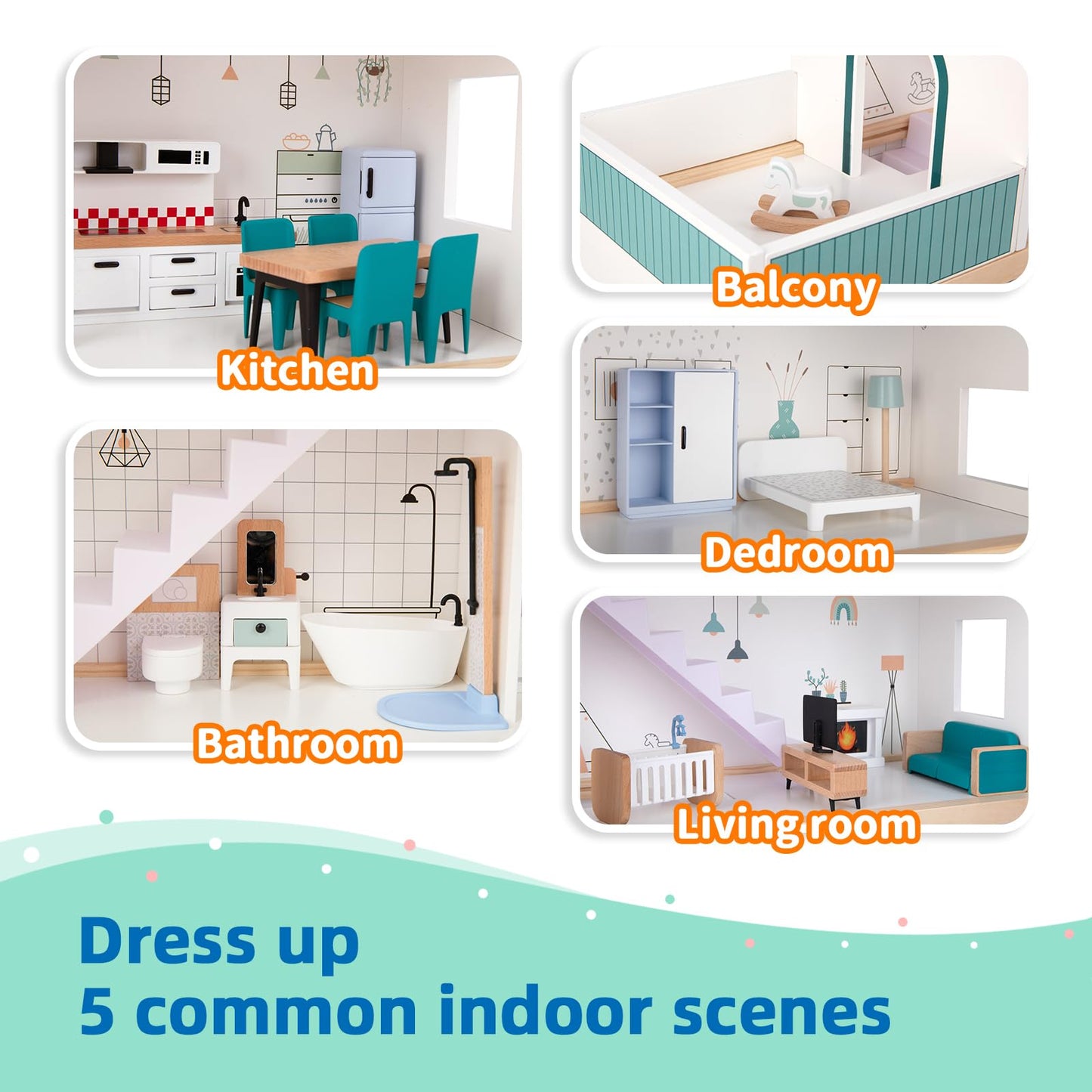 OOOK Wooden Dollhouse for Kids, Doll House with Simulated Luxury Furniture Set, Dollhouse Playset for Girls Toddlers (Including 4 Family Dolls