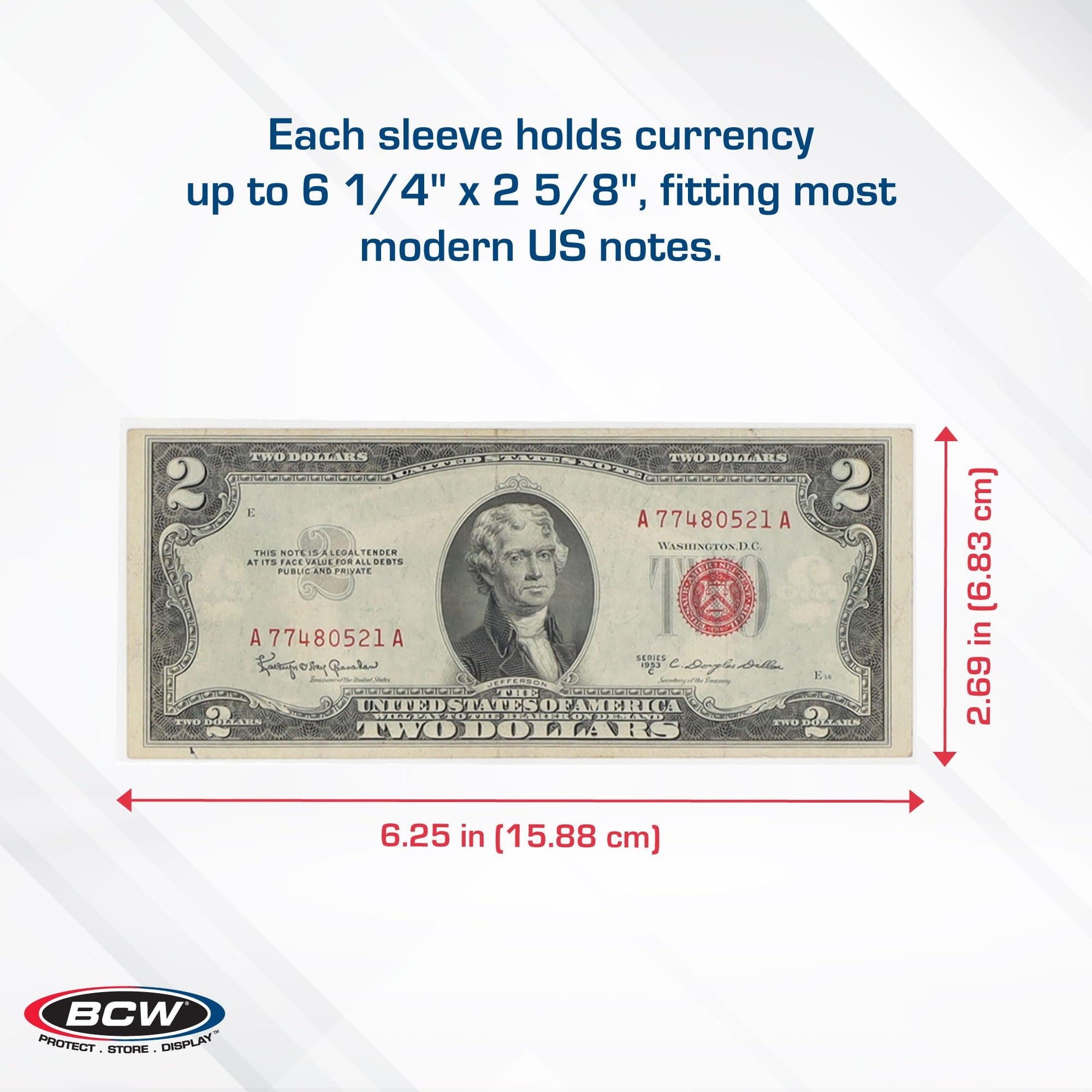 BCW Regular Bill Currency Sleeves - 100 Pack | Thin, Low-Bulk, Acid-Free Polypropylene Sleeves for US Paper Currency | Clear Protective Sleeves for