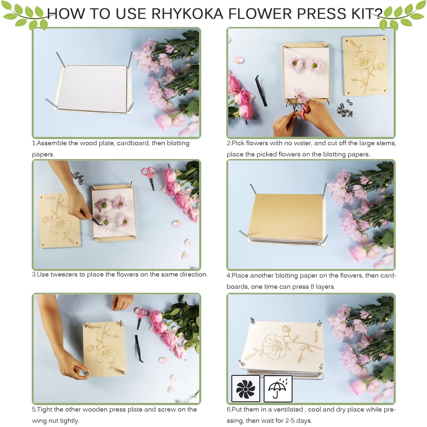Rhykoka Professional Flower Press, 8 Layers 6.3x8.3 inch (16x21cm) Wooden Flower Press Kit/Flower Pressing for Adults, Great Gift for DIY Flowers