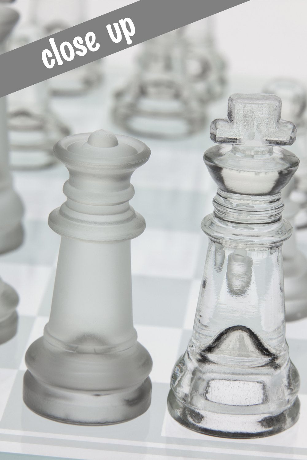 Gamie Premium Glass Chess Set, 12 Inch - Elegant Design - Durable Build - 32 Frosted and Clear Pieces - Felted Bottoms - Easy to Carry - Stable