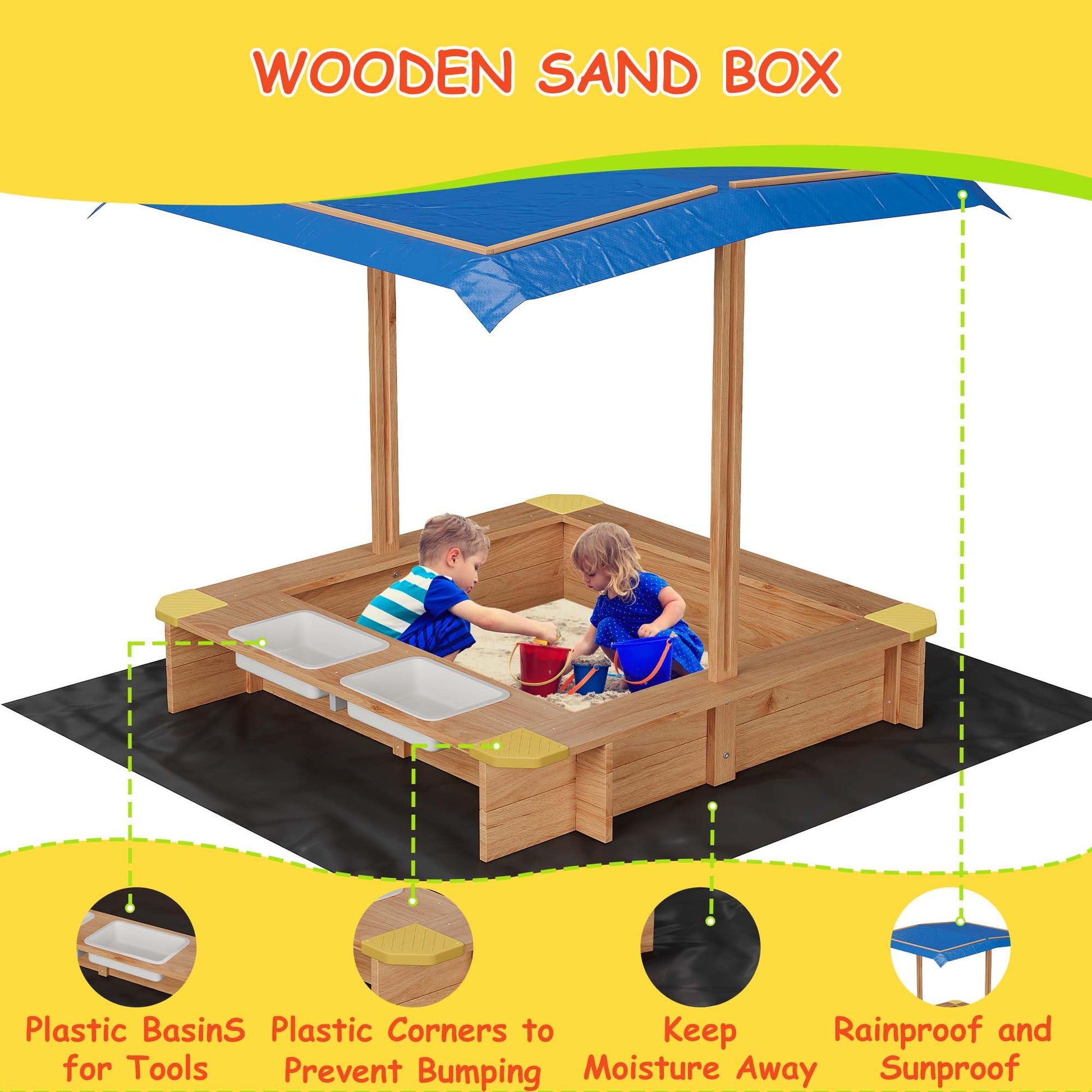 Wooden Sandbox with Cover/Lid & Retractable Canopy, 2 Side Buckets & Drainage Liner - Weather-Resistant Outdoor Sand Box for Kids/Toddler/Childrens
