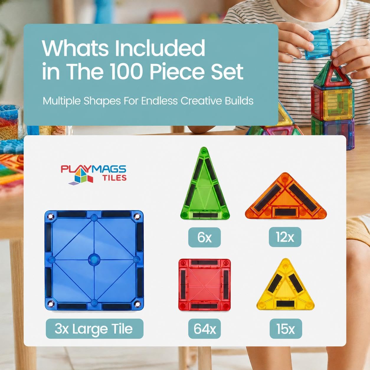 Playmags Mini Magnetic Tiles for Kids 100-Piece Set | Travel Magnetic Blocks | STEM Sensory Educational Toys | Portable Toddler Building Toys | Gift