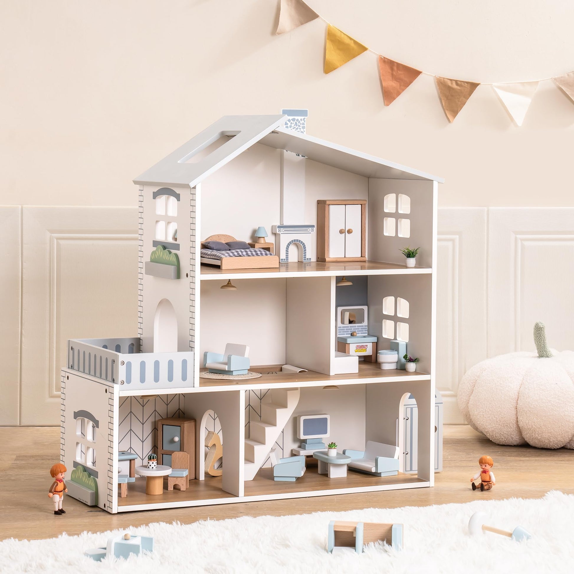 ROBOTIME Wooden Dollhouse, Wooden Doll House with 29 Pieces of Furniture, 6 Rooms Fits 4-6 Inch Dolls, Gift for Kids Ages 3+
