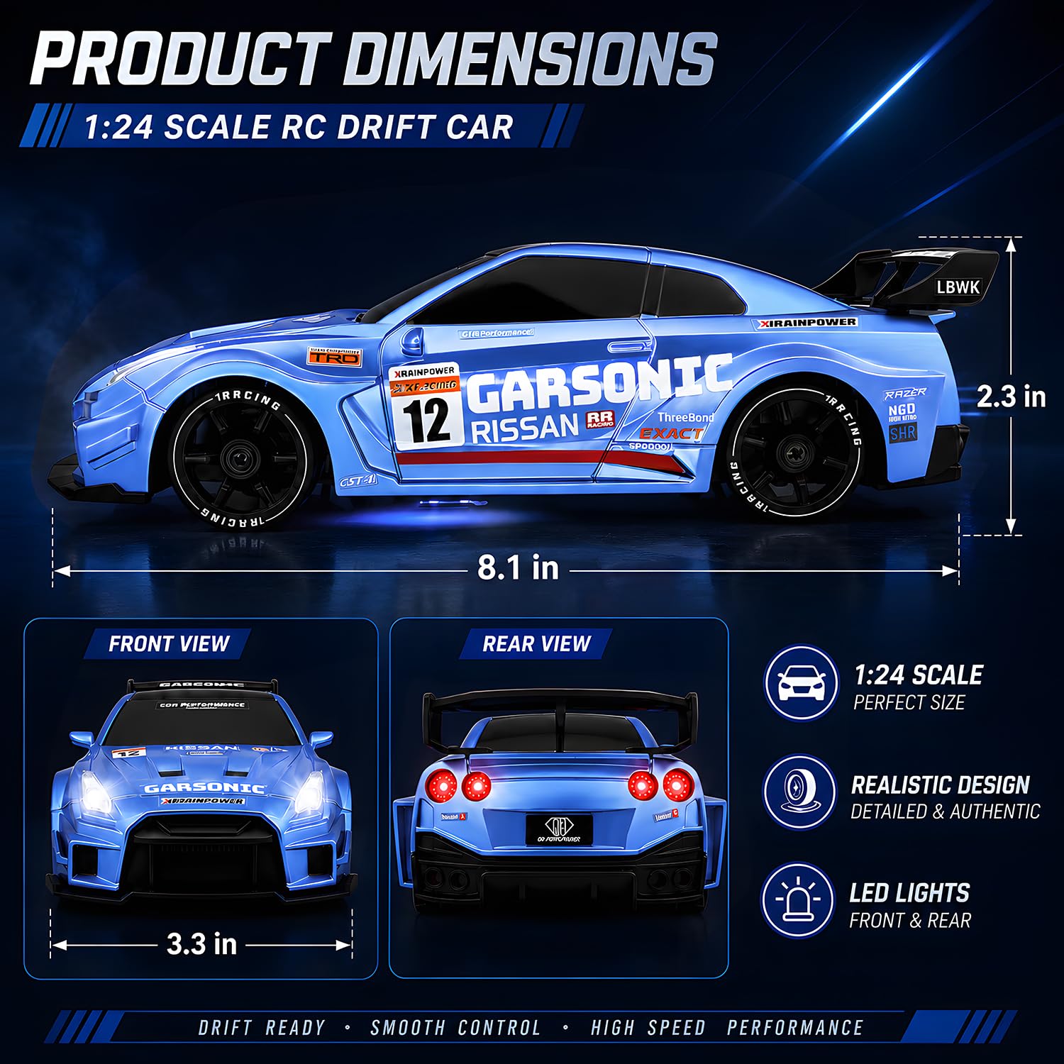 RCANGOL 1:24 RC Drift Car for Kids,4WD 2.4GHz 28KM/H High Speed Remote Control Car, Racing Sport Toy Car with LED Lights,Drifting Tires?Two Batteries