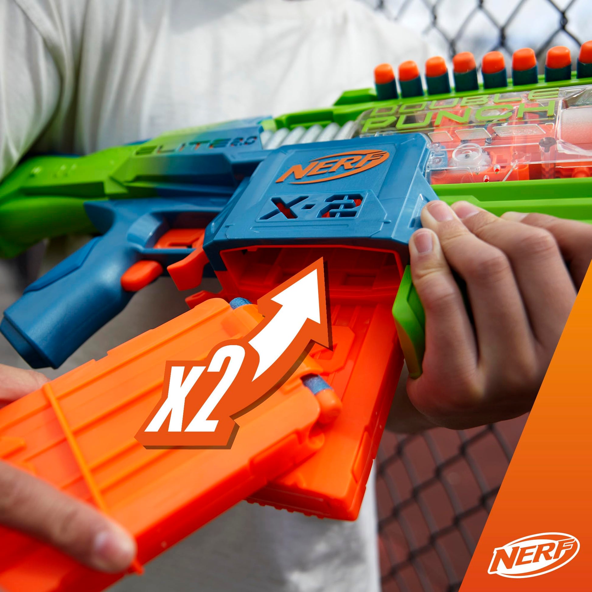 Nerf Elite 2.0 Double Punch Motorized Blaster, 50 Darts, 2x 10-Dart Clips, Ages 8+