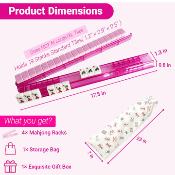 RAKUBULL 17.5'' Non-Slip Mahjong Racks with Pushers and Bag,Set of 4 All-in-One Tile Rack and Pusher,Clear Acrylic Mahjong Tile Holder for American