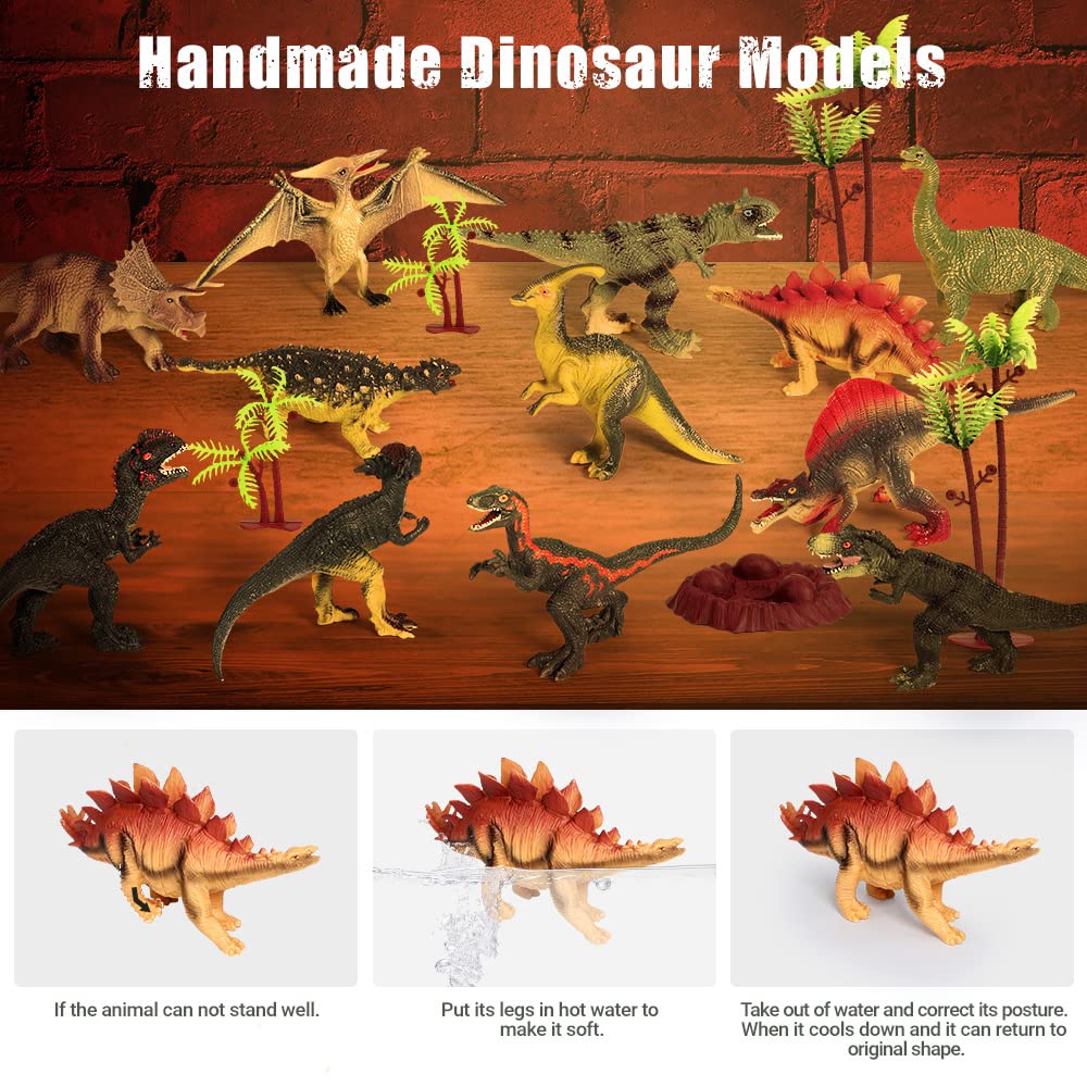 FRUSE Jurassic Dinosaur Toys Figures,12 PCS Realistic Large Dinosaur Figurines with Jumbo Play Mat & Information Dino Book,Educational Dino Figure