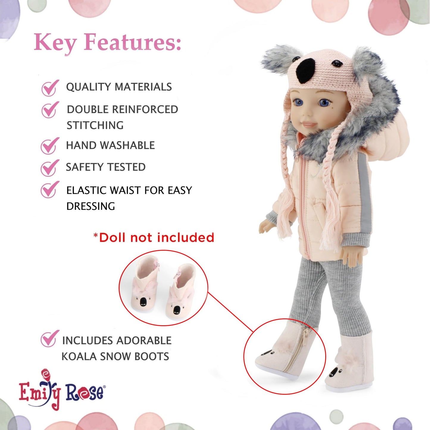 Emily Rose 14 Inch Doll Koala Outfit 4-PC Winter Clothes Set | Furry Coat Hat Boots Leggings | Compatible with Glitter Girls and Wellie Wishers Dolls