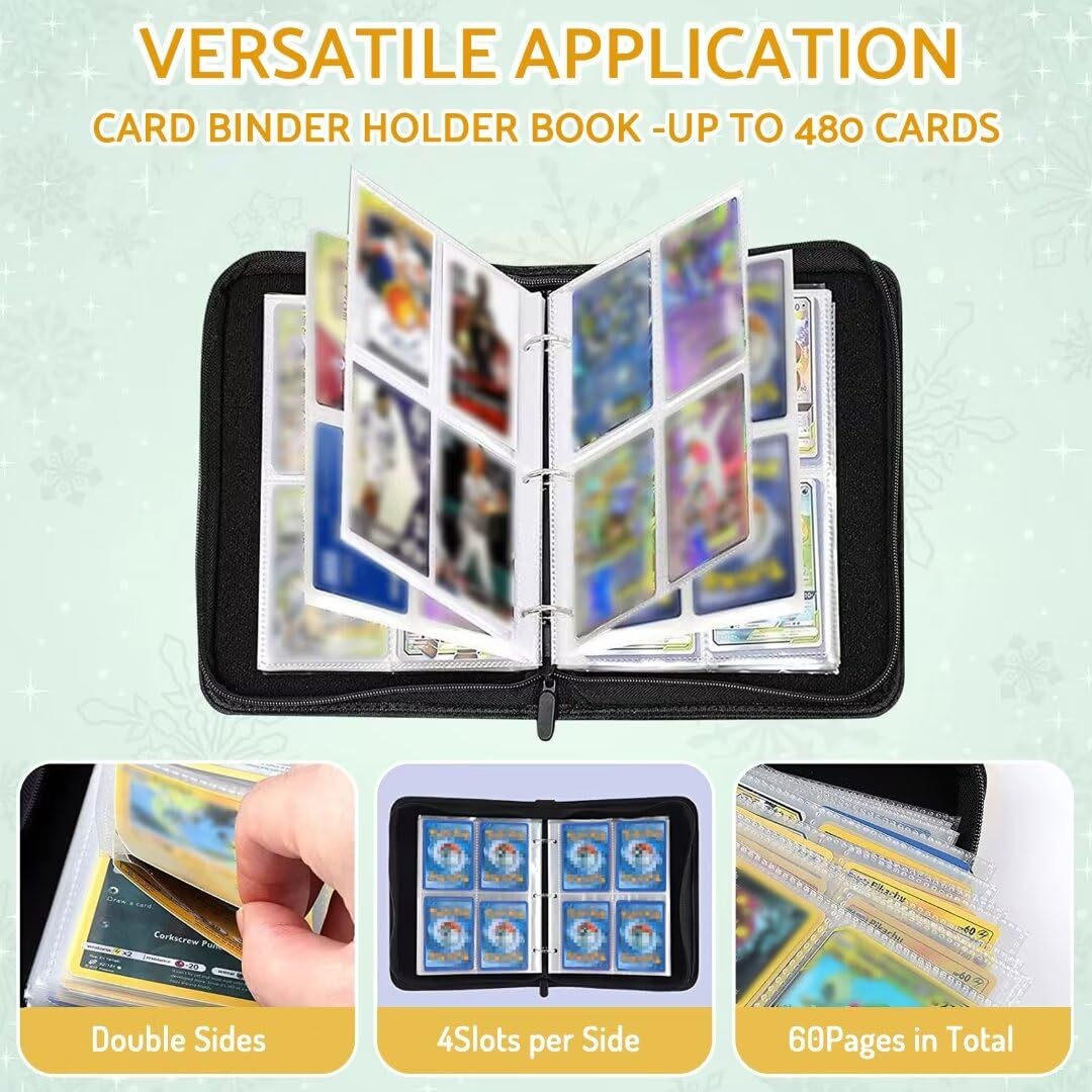 Bebomne Card Binder Holder 480 Pockets with 60 Removable Sleeves, Portable Game/Sports Trading Cards Binder Album Collector Organizer Protectors with